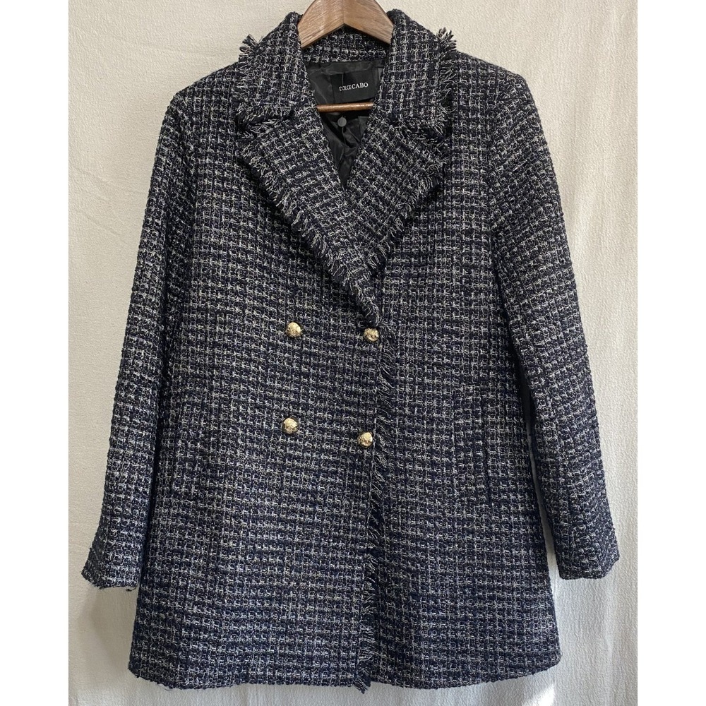 Dolce Cabo Tweed Blazer Double Breasted Gold Buttons Fringe Navy White Sparkle